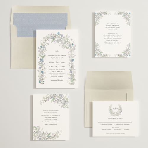 This is a denim wedding invitations with standard by lori jacobs wemple called flowering arch printing on signature in standard