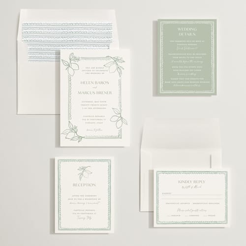 This is a sage wedding invitations with standard by Pati Cascino called mediterraneo printing on signature in standard
