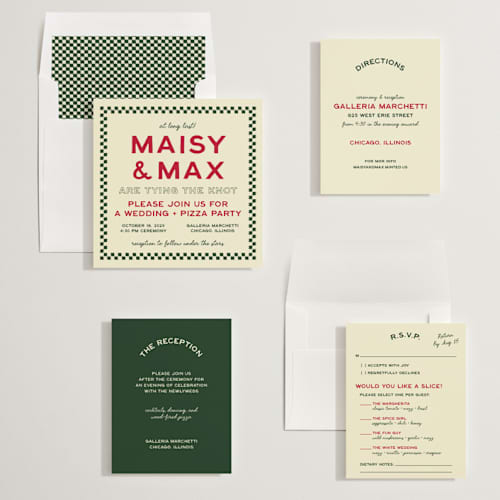 This is a pizzeria wedding invitations with standard by Ani Somi called trattoria printing on signature in standard