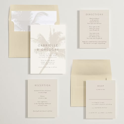 This is a ecru wedding invitations with standard by AK Graphics called palm printing on signature in standard
