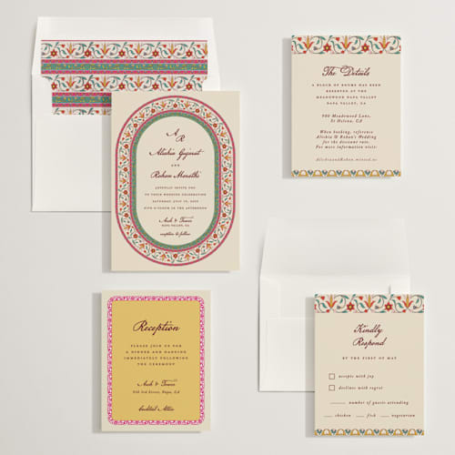 This is a ivory wedding invitations with standard by Sherley Ferreira called mughal gardens printing on signature in standard