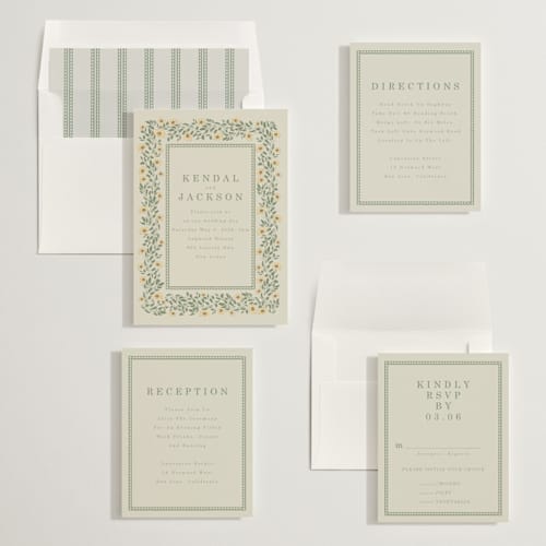 This is a mustard wedding invitations with standard by Baumbirdy called framed floral printing on signature in standard
