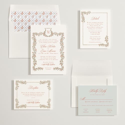 This is a sunset wedding invitations with standard by Leah Bisch called arbour printing on signature in standard