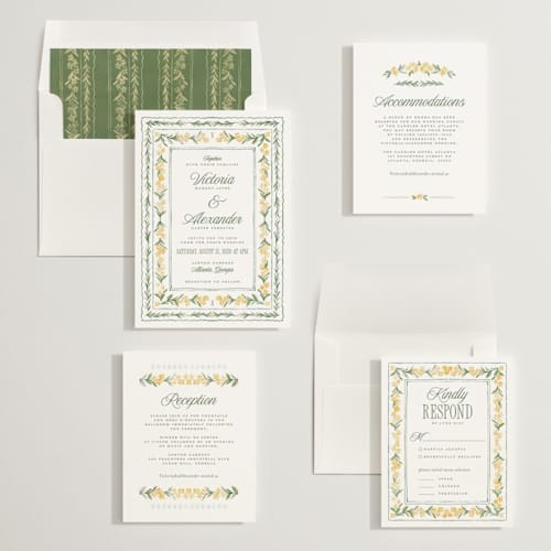 This is a buttercup wedding invitations with standard by Jenna Holcomb called vintage sketched printing on signature in standard