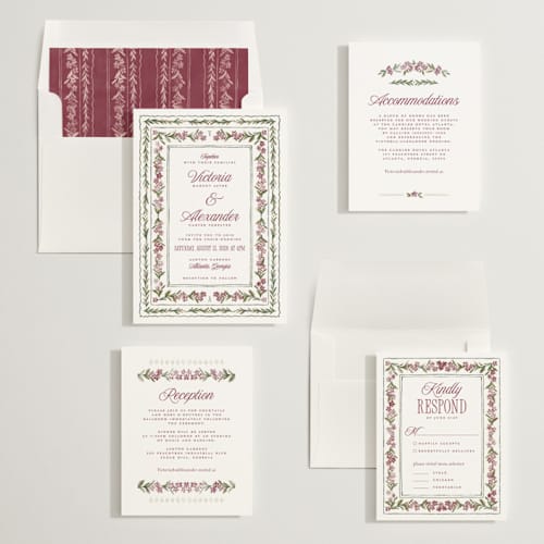 This is a mulberry wedding invitations with standard by Jenna Holcomb called vintage sketched printing on signature in standard