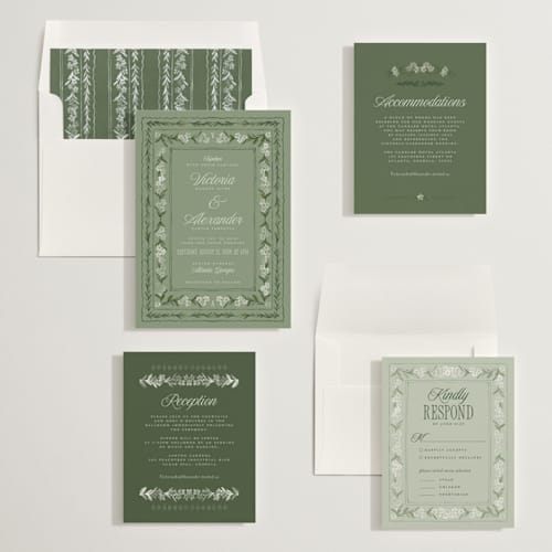 This is a sage wedding invitations with standard by Jenna Holcomb called vintage sketched printing on signature in standard