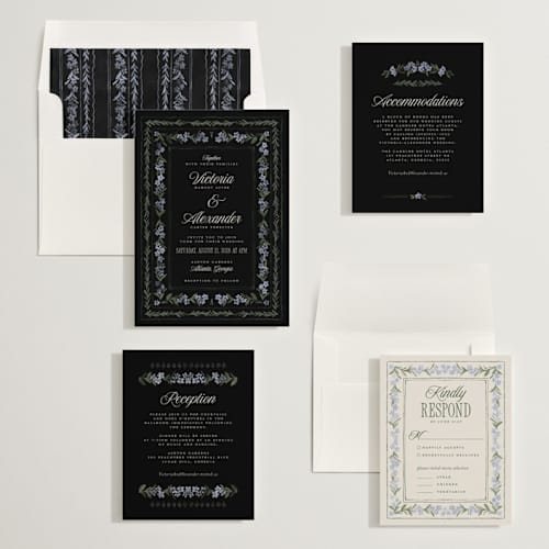 This is a midnight wedding invitations with standard by Jenna Holcomb called vintage sketched printing on signature in standard
