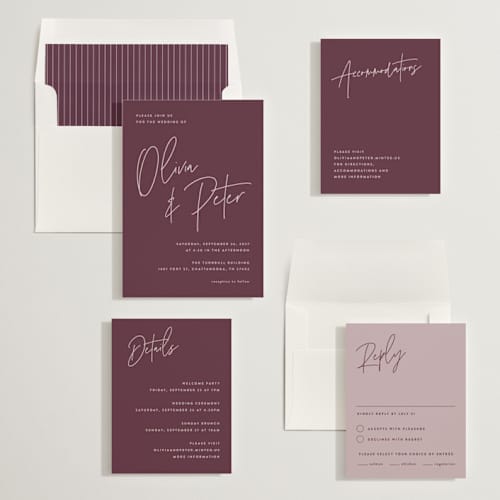 This is a cabernet wedding invitations with standard by JoAnn Jinks called signed printing on signature in standard