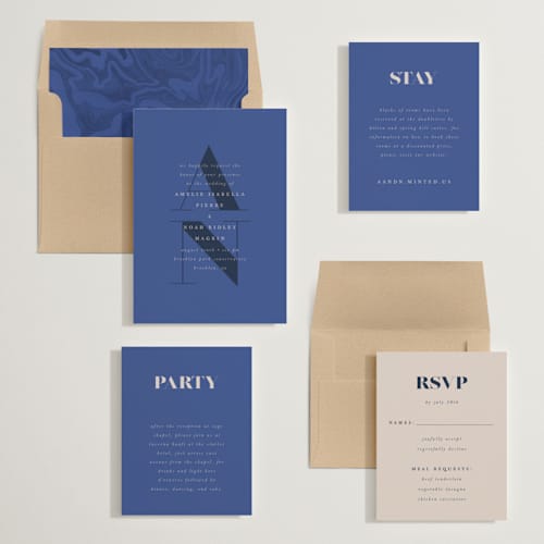 This is a marseille bleu wedding invitations with standard by Up Up Creative called centro printing on signature in standard