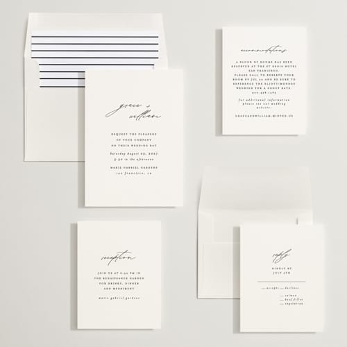 This is a cotton wedding invitations with standard by Angela Thompson called delicate script printing on signature in standard
