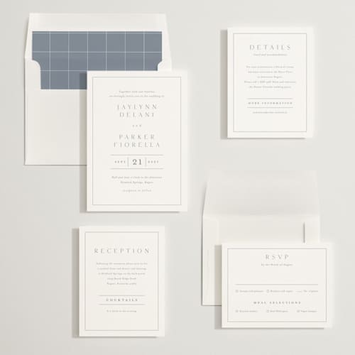 This is a dusty blue wedding invitations with standard by Stacey Meacham called warm affection printing on signature in standard