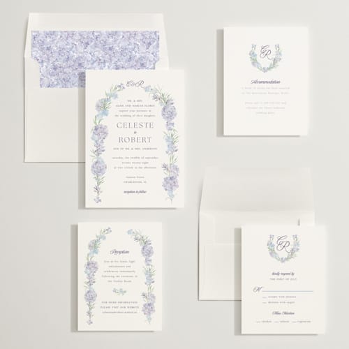 This is a toscana wedding invitations with standard by Claudia Orengo called hydrangea printing on signature in standard