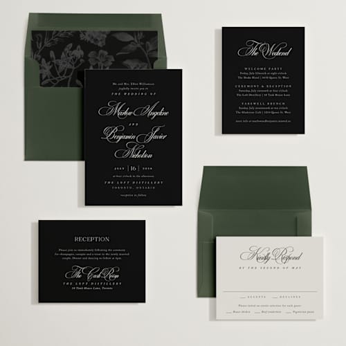 This is a midnight wedding invitations with standard by Kelly Schmidt called chic script printing on signature in standard