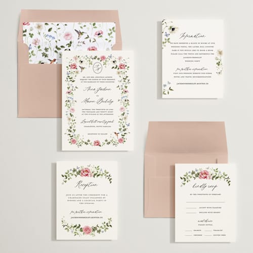 This is a peony wedding invitations with standard by Sarah Knight called ornate printing on signature in standard