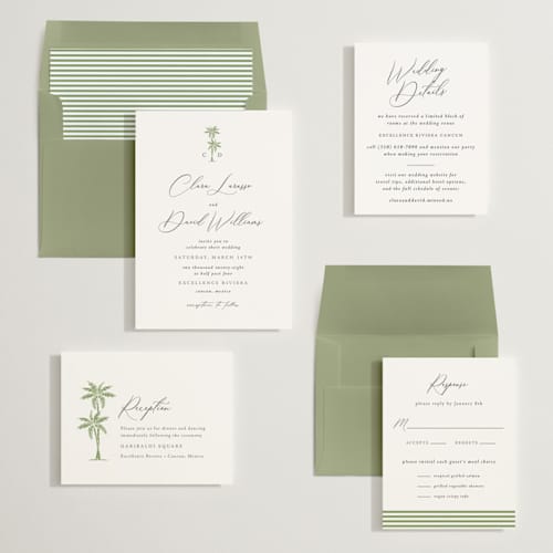 This is a leaf wedding invitations with standard by Olivia Raufman called palm monogram printing on signature in standard