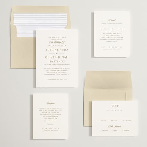 This is a golden wedding invitations with standard by Stacey Meacham called classic decorum printing on signature in standard