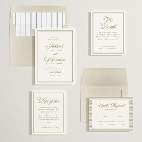 This is a olive wedding invitations with standard by Ellen Schlegelmilch called museo printing on signature in standard