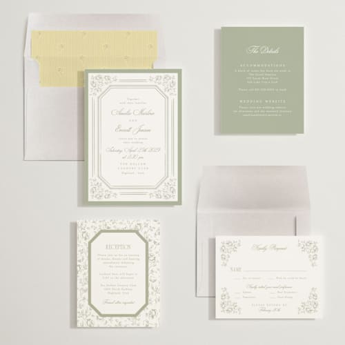 This is a sage wedding invitations with standard by Robert and Stella called constance printing on signature in standard
