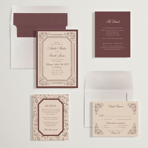 This is a cocoa wedding invitations with standard by Robert and Stella called constance printing on signature in standard
