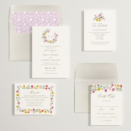 This is a peony wedding invitations with standard by Yaling Hou Suzuki called wildflower wreath printing on signature in standard