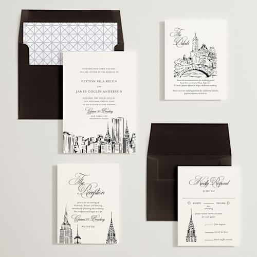 This is a noir wedding invitations with standard by Melinda Denison called new york skyline printing on signature in standard