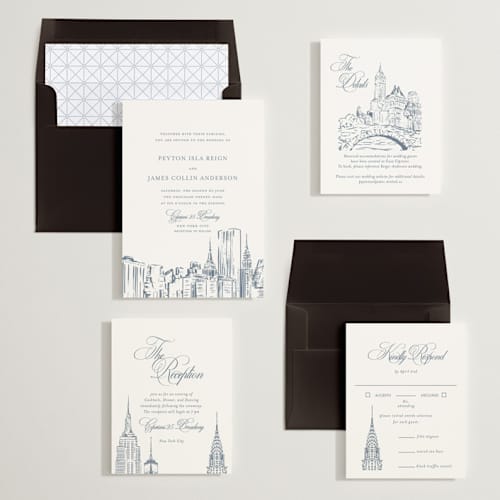 This is a provincial blue wedding invitations with standard by Melinda Denison called new york skyline printing on signature in standard