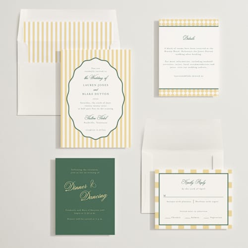 This is a citrine wedding invitations with standard by Emily Betts called curved frame printing on signature in standard