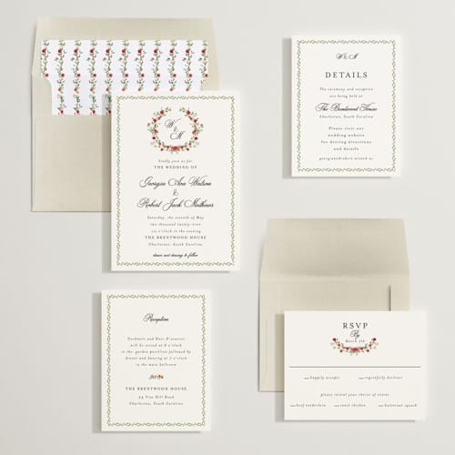 This is a crimson wedding invitations with standard by Susan Moyal called monogramed printing on signature in standard