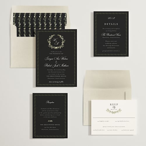 This is a black tie wedding invitations with standard by Susan Moyal called monogramed printing on signature in standard
