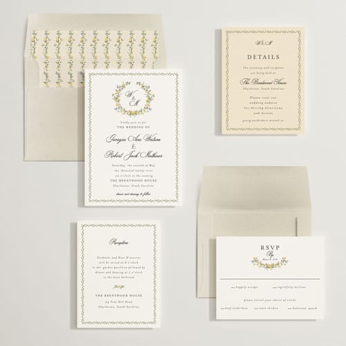 This is a butter wedding invitations with standard by Susan Moyal called monogramed printing on signature in standard