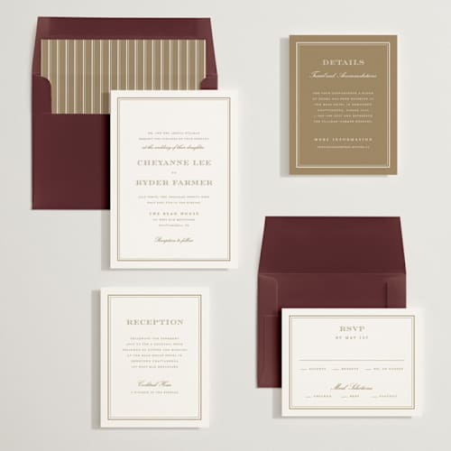 This is a brass wedding invitations with standard by Stacey Meacham called engraved names printing on signature in standard