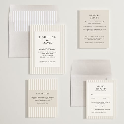 This is a latte wedding invitations with standard by First Rodeo Design called classic stripe printing on signature in standard