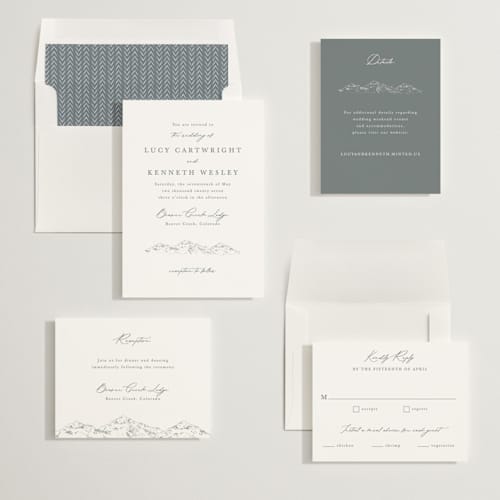 This is a pewter wedding invitations with standard by Sarah Brown called mountainview printing on signature in standard