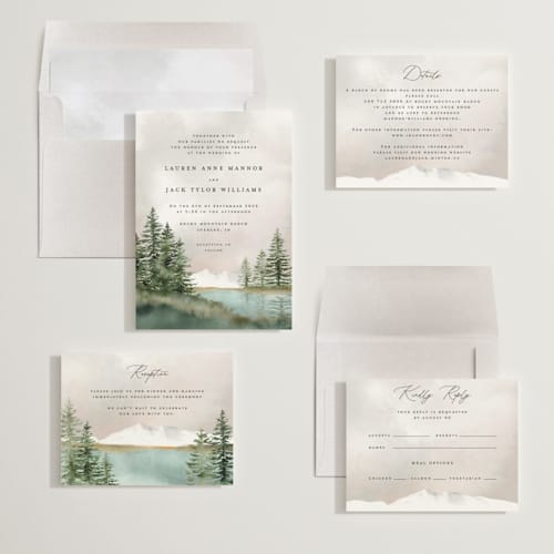 This is a forest wedding invitations with standard by Petra Kern called montagna printing on signature in standard