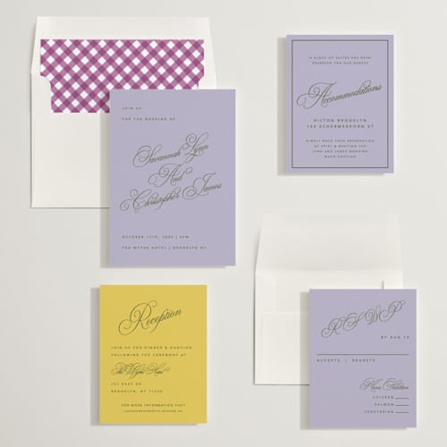 This is a lavender wedding invitations with standard by Kelly Watkins called vivid printing on signature in standard