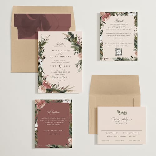 This is a rose quartz wedding invitations with standard by Kate Ahn called poetique printing on signature in standard