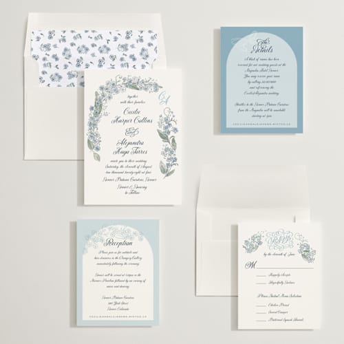 This is a bluebell wedding invitations with standard by Jenna Holcomb called forget me nots printing on signature in standard