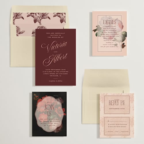 This is a burgundy wedding invitations with standard by Nazia Hyder called museum printing on signature in standard