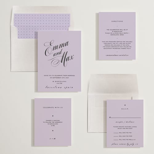 This is a lilac wedding invitations with standard by Ani Somi called in lights printing on signature in standard