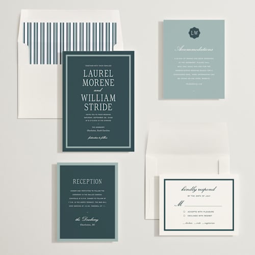 This is a teal wedding invitations with standard by Sara Hicks Malone called dewberry printing on signature in standard