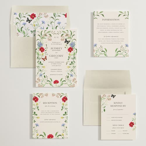 This is a elder flower wedding invitations with standard by Sarah Knight called wild meadow printing on signature in standard