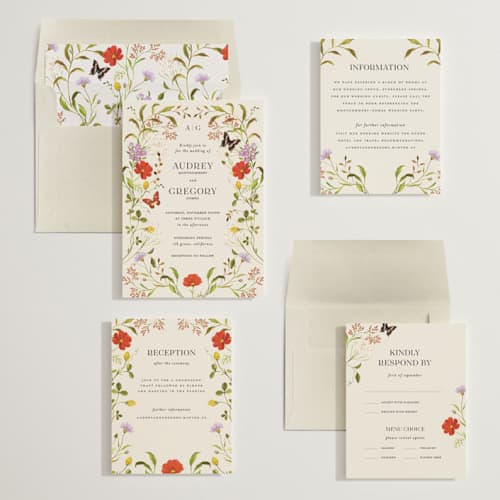This is a poppy wedding invitations with standard by Sarah Knight called wild meadow printing on signature in standard