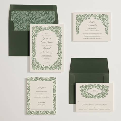 This is a moss wedding invitations with standard by Jen Owens called embroidered printing on signature in standard