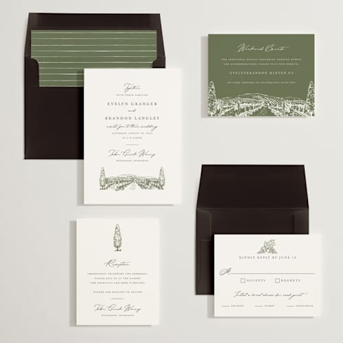 This is a olive wedding invitations with standard by Sarah Brown called vineyard printing on signature in standard