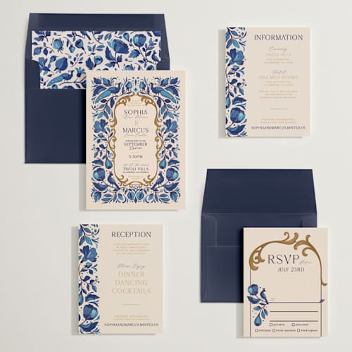 This is a cerulean wedding invitations with standard by GeekInk Design called gilded printing on signature in standard