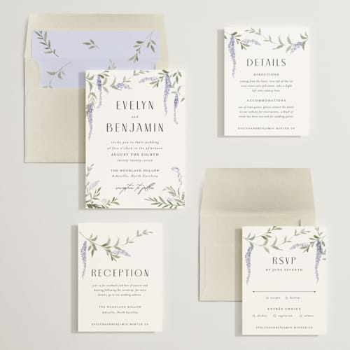 This is a lavender wedding invitations with standard by Design Lotus called enchanted evening printing on signature in standard