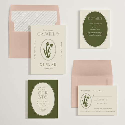 This is a lichen wedding invitations with standard by Alaina Cherup called la graine printing on signature in standard