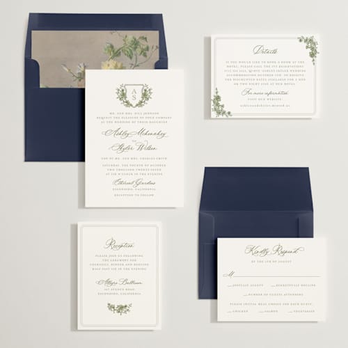 This is a moss wedding invitations with standard by Cass Loh called watercolor flowers crest printing on signature in standard