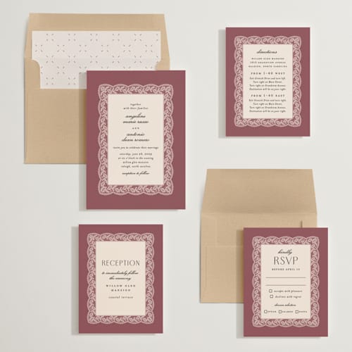 This is a mauve wedding invitations with standard by Erica Krystek called chantilly printing on signature in standard