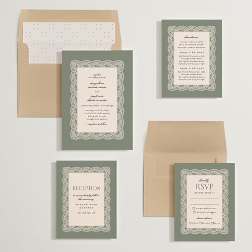 This is a sage wedding invitations with standard by Erica Krystek called chantilly printing on signature in standard